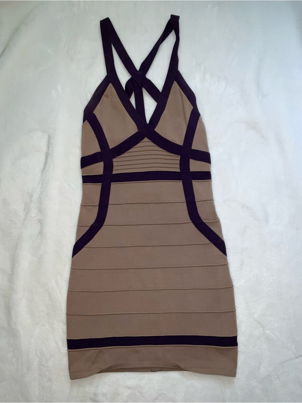 Hot Miami Styles Taupe Mini Dress with Black Trim